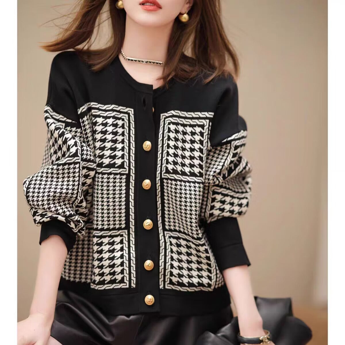 Plus Size Retro Houndstooth Knitwear For Women