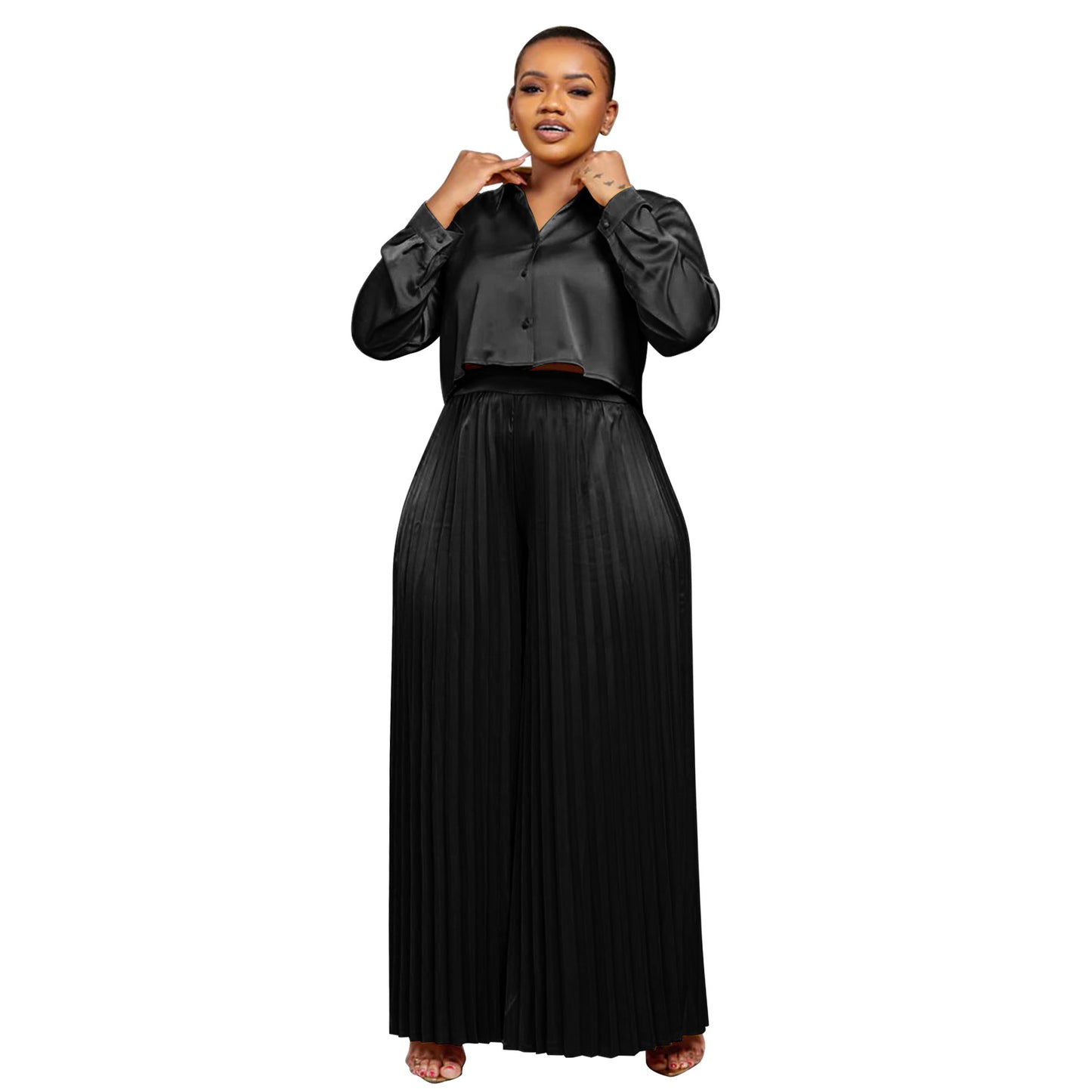 Casual Shirt Top And Wide-leg Pants Pleated Two-piece Set For Export