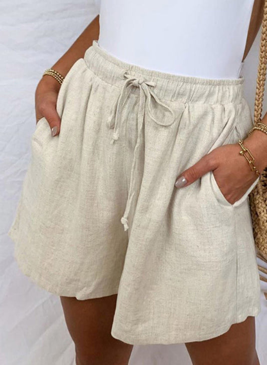 Cotton And Linen Solid Color Loose Casual Pocket Elastic Waist Lace-Up Shorts