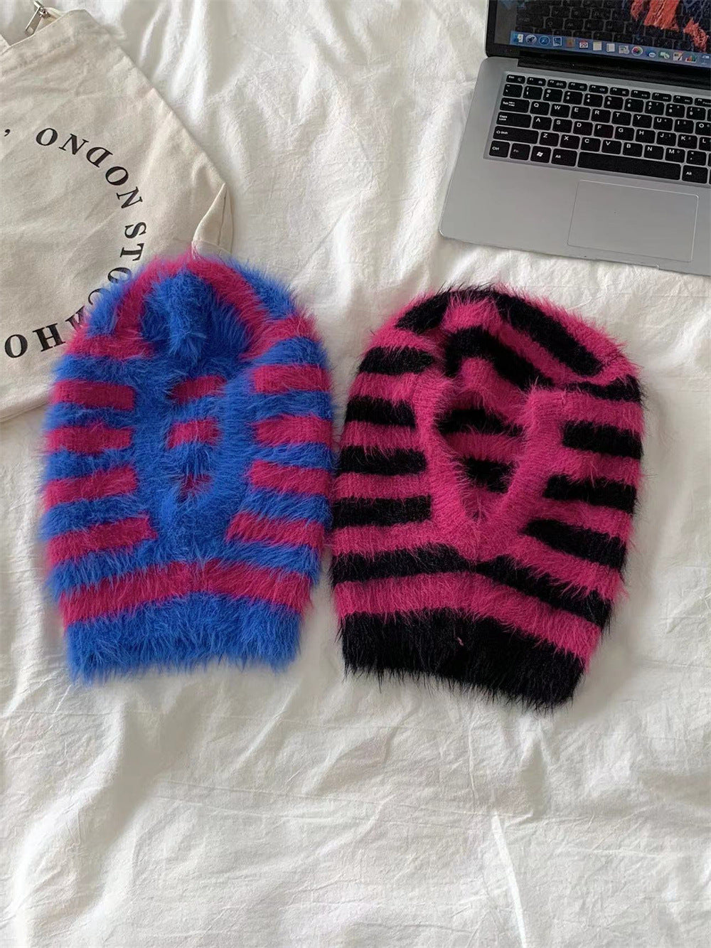 Striped Furry Contrast Color Knitted Woolen Cap