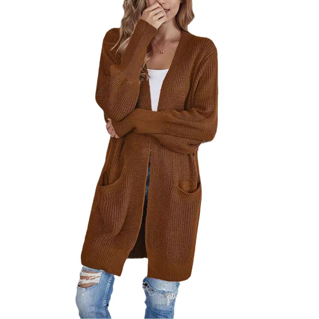 Women's Knitted Sweater Solid Color Pocket Cardigan Coat