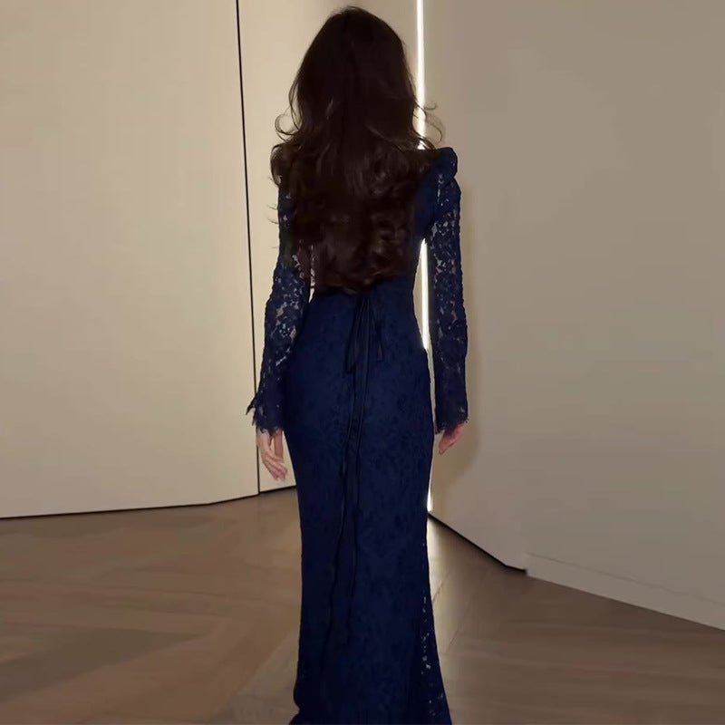 Women's Sexy Lace Hollow-Out Long-Sleeve Dress