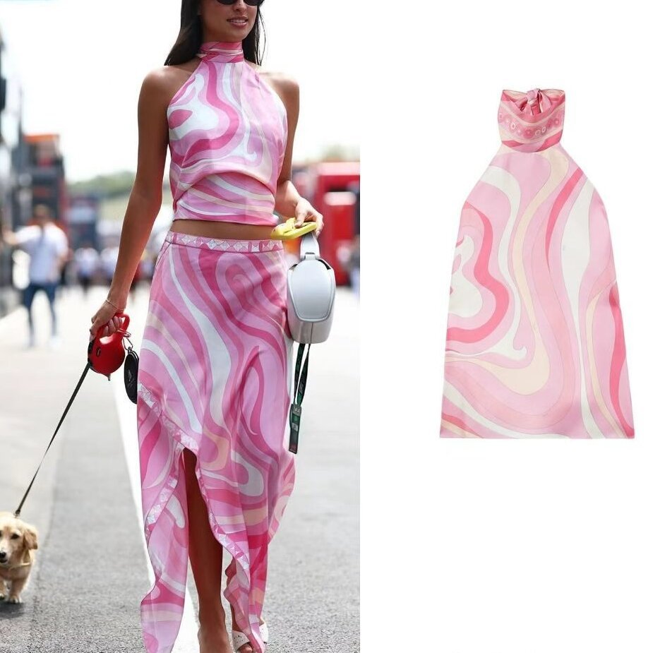 Women's Printed Satin Tie-up Top And Skirt Two-piece Set