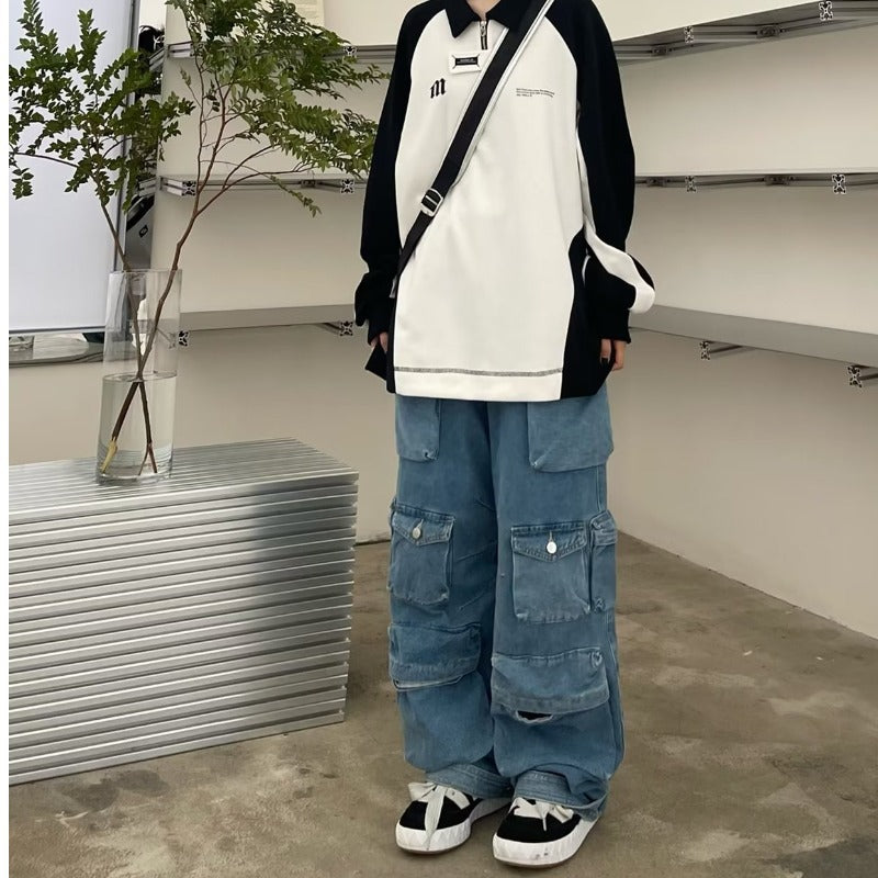 Light-colored Zipper Washed Overalls