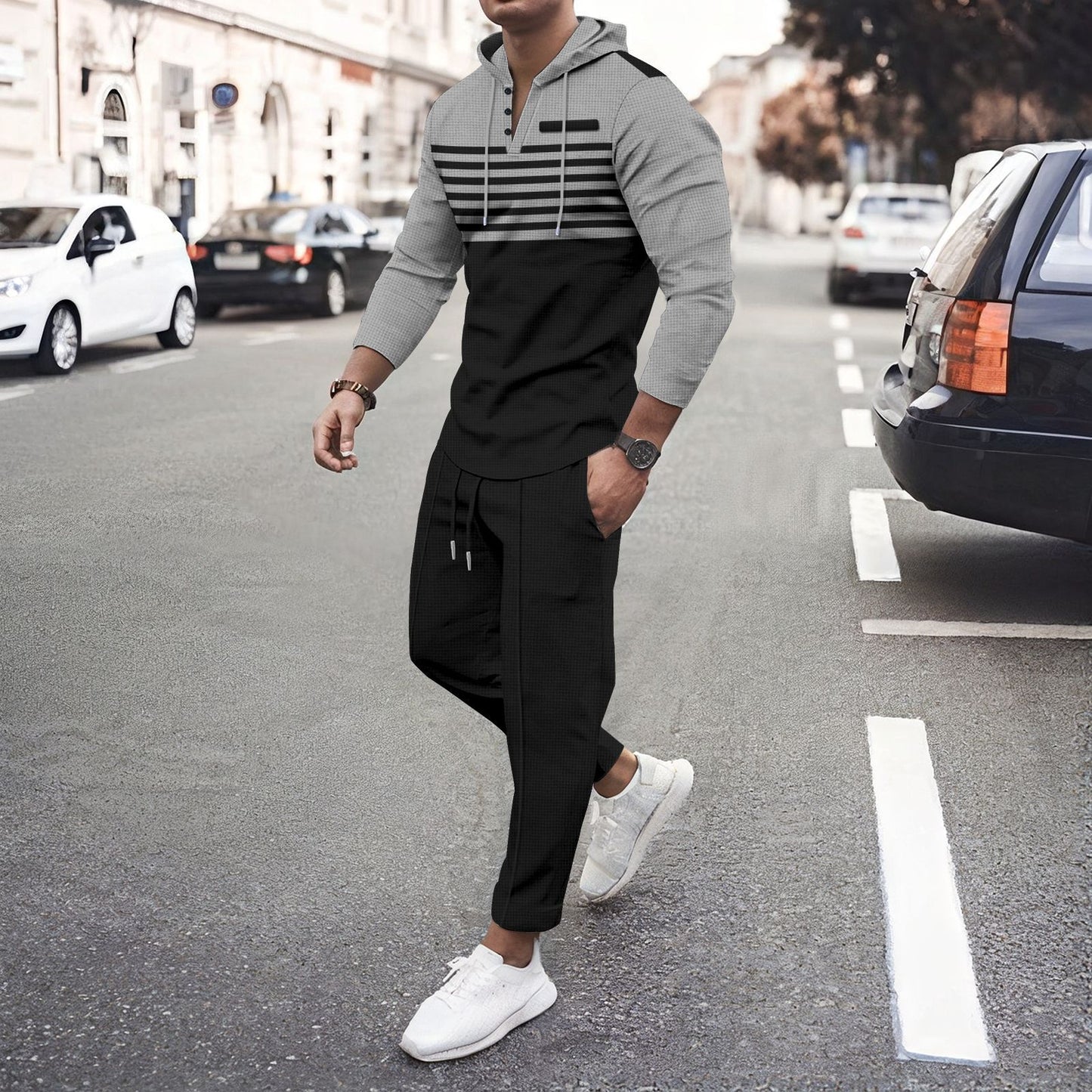 European And American Striped Long-sleeve Hoodie And Pants Set