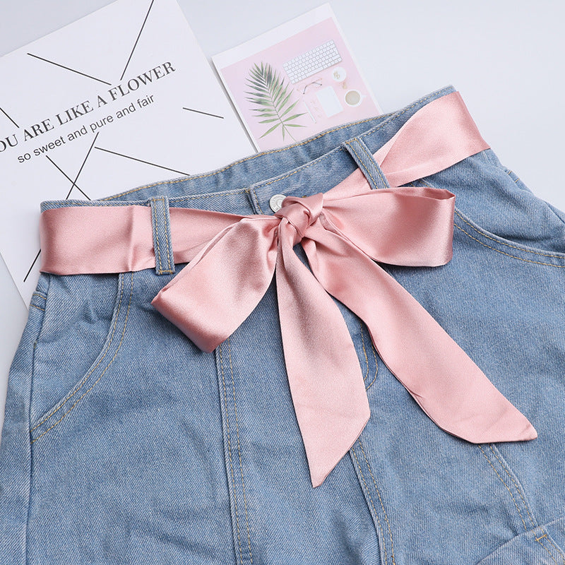 Fashion Solid Color Extra Long Wide Ribbon Belt With Skirt Decoration