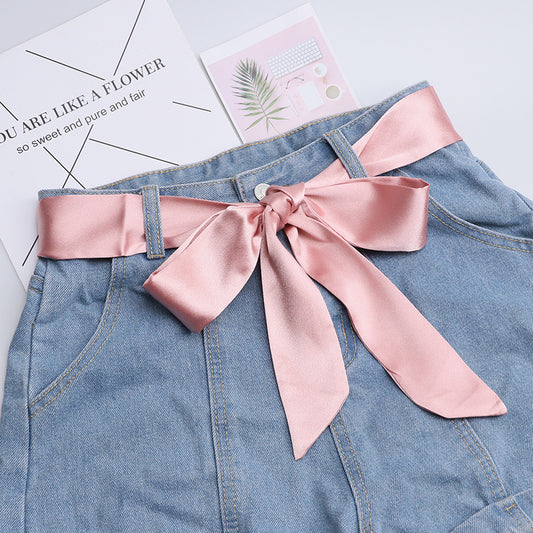 Fashion Solid Color Extra Long Wide Ribbon Belt With Skirt Decoration