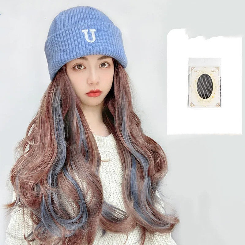 Hat Wig All-in-one Net Red Lady Lifelike Wool Knitted Hat