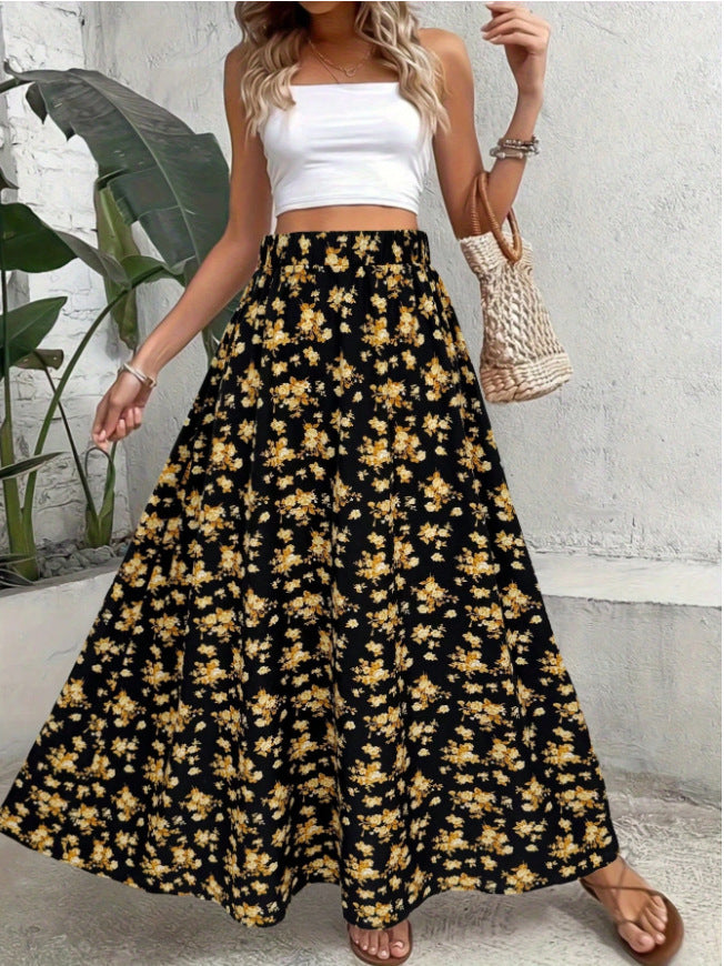 Bohemian Floral Print Waist-Cinching Lightweight Flowy Summer Maxi Skirt