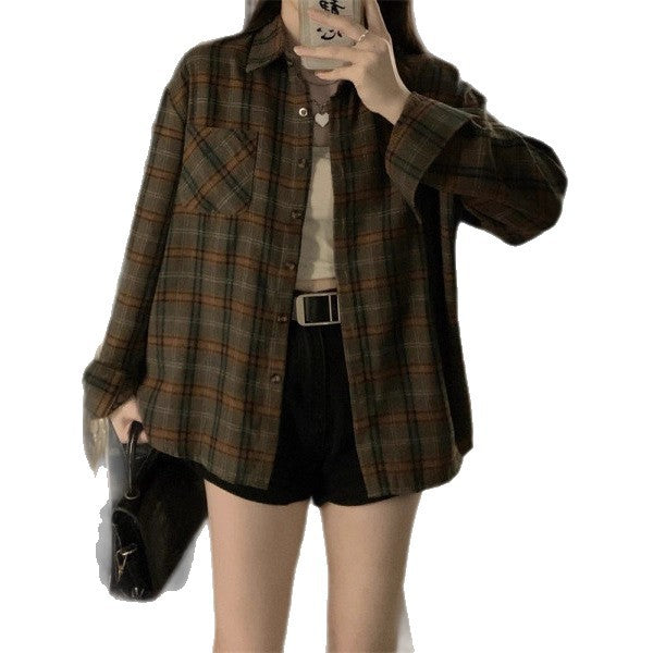 Womens Retro Brushed Plaid Casual Shirt