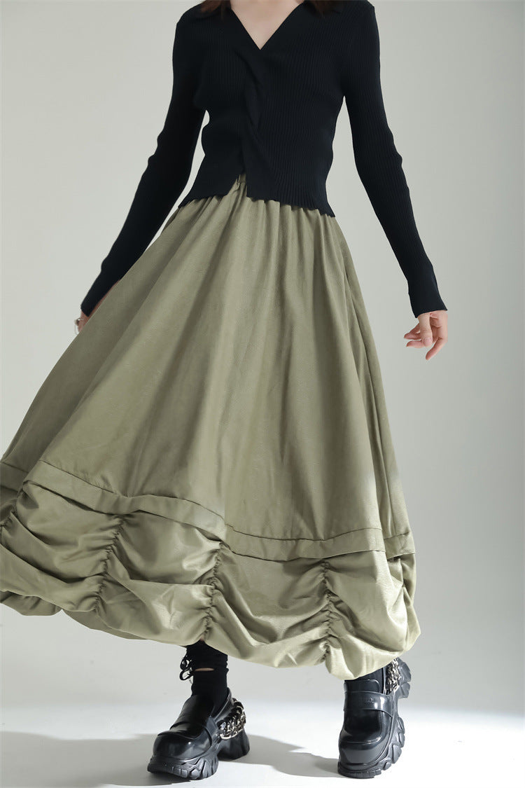 Pleated Bud Solid Color Umbrella Skirt