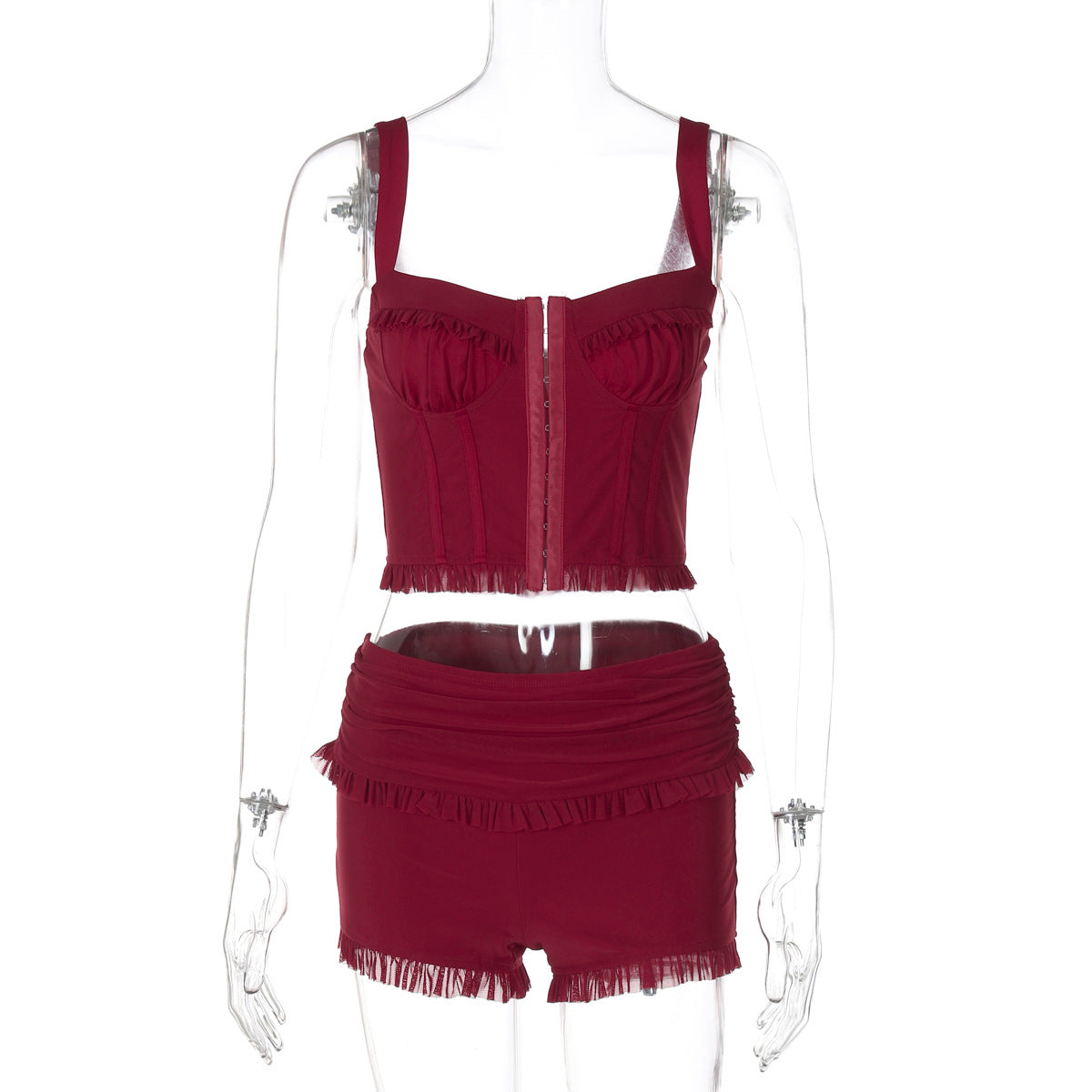 Strap Top And Fitted Lace Shorts Set