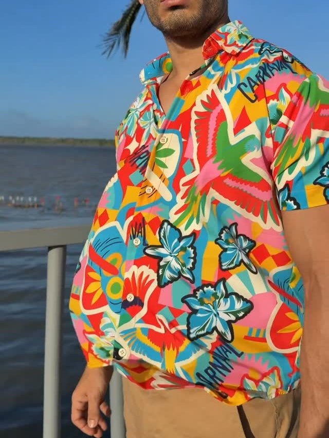 Tropical Floral Print Short Sleeve Button Down Shirt