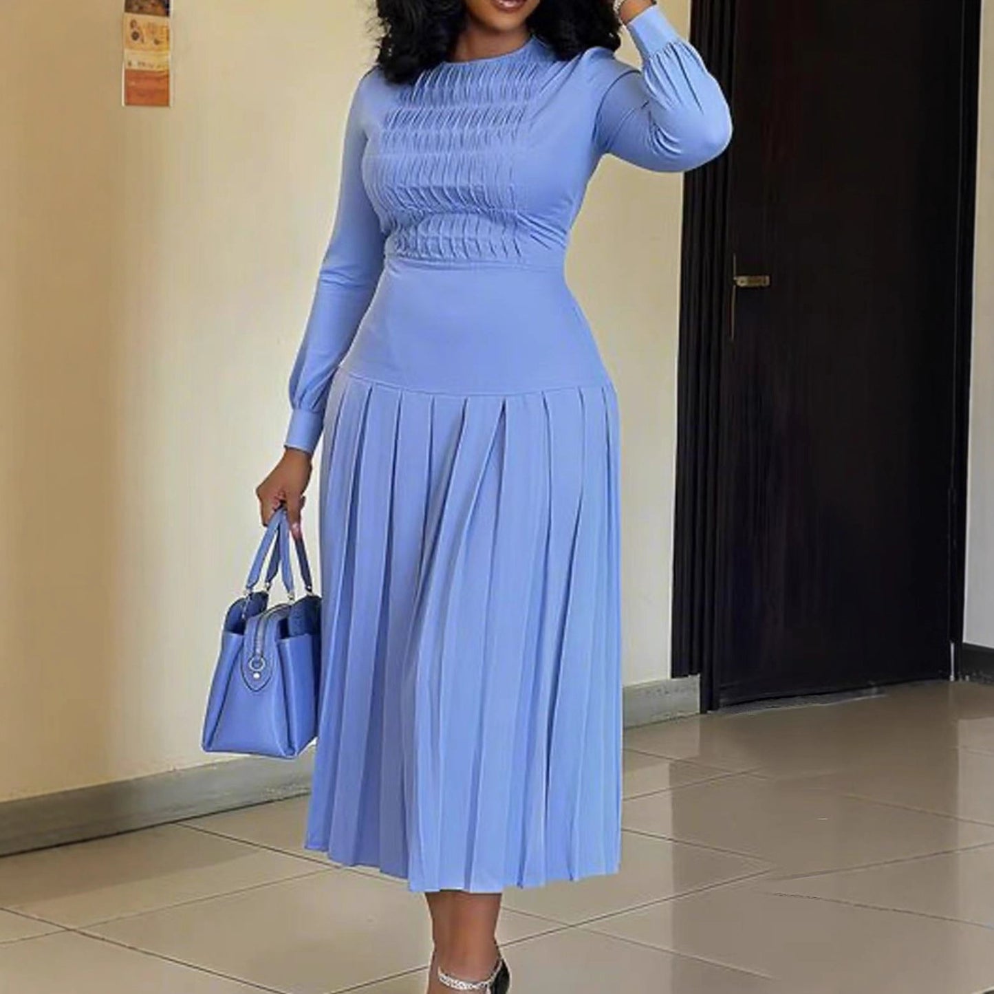 Fashionable Long-Sleeve Solid-Color Dress For Women