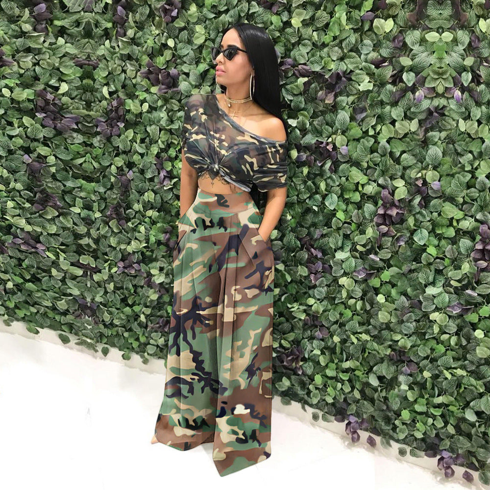 Women's Camouflage Printing Elastic Waist Wide Leg Pants Casual