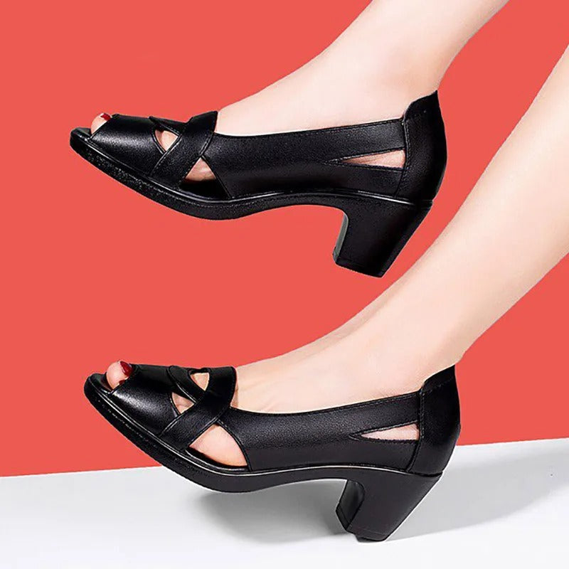 Chunky Heel Peep Toe Hollow Velcro Soft Bottom Comfortable Sandals