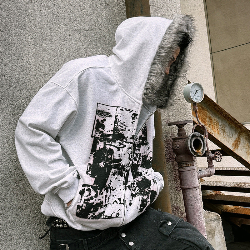 Printed Long Fur Collar Slim-fit Hood Zipper Cardigan Sweater Coat