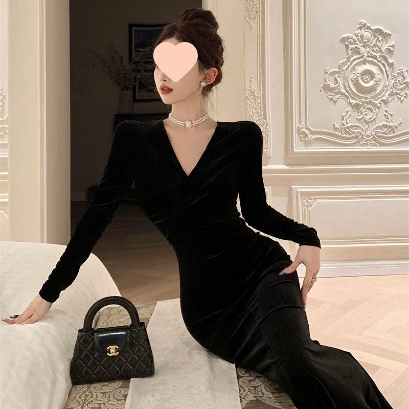 Red SpringAutumn Velvet Dress Velvet Gown