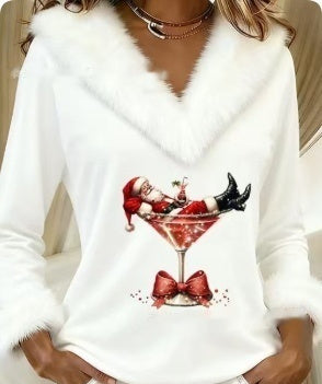 Dame-T-shirt med juleprint, pelskrave og V-udskæring