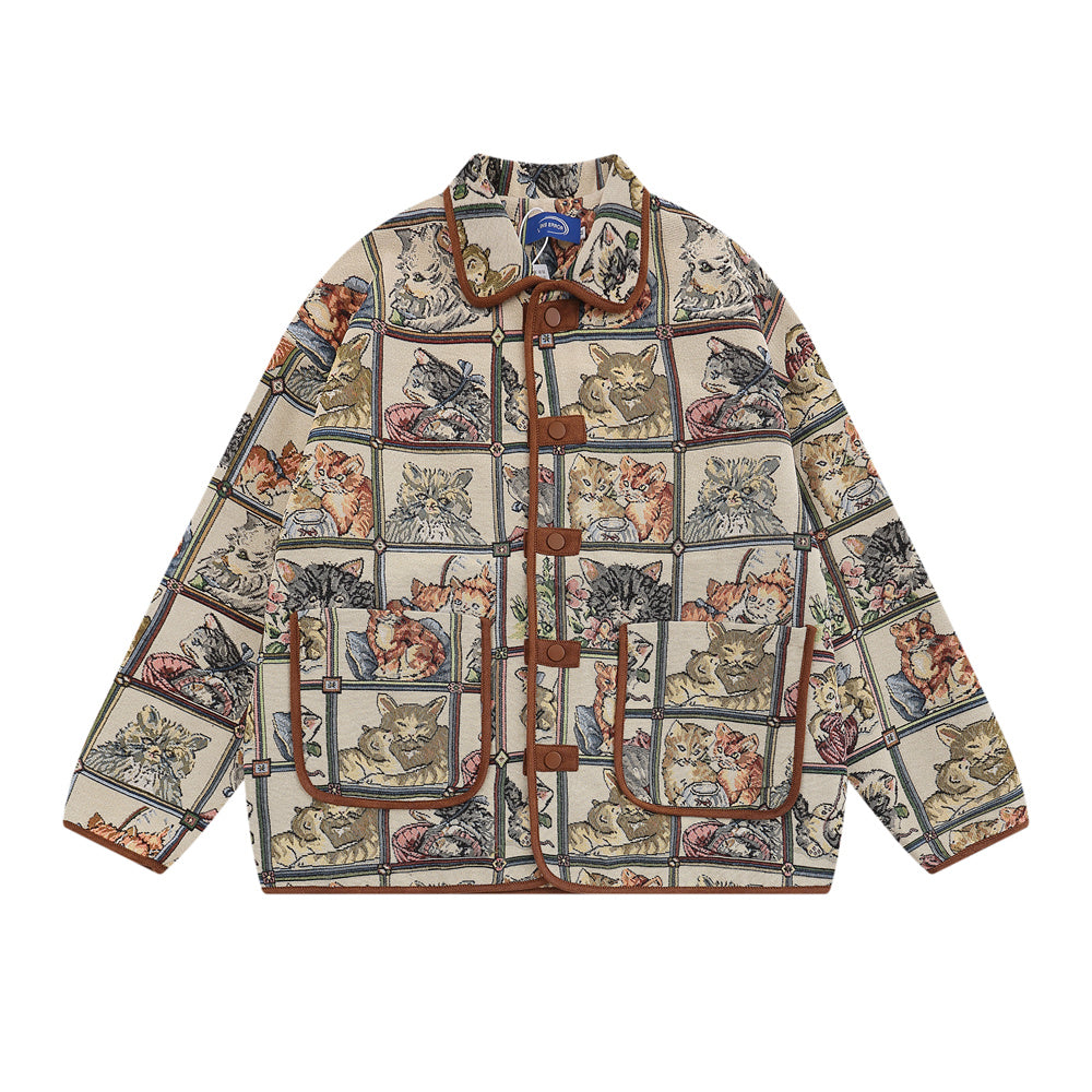 Animal Cat Plaid Lapel Coat
