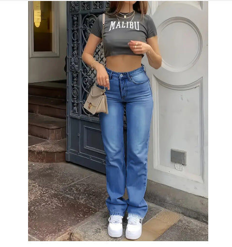 Dame Europa Og Amerika Grænseoverskridende Lyseblå Slim Fit Højtaljede Stretch Jeans
