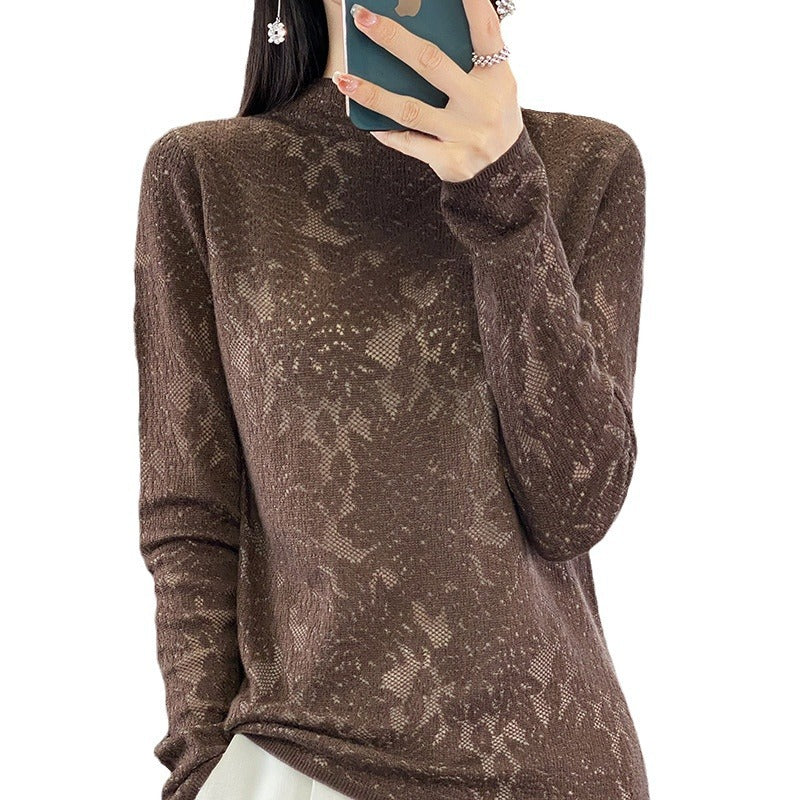 Women's Half Turtleneck Hollow Out Sweater Loose Pullover Fashionable Knitted