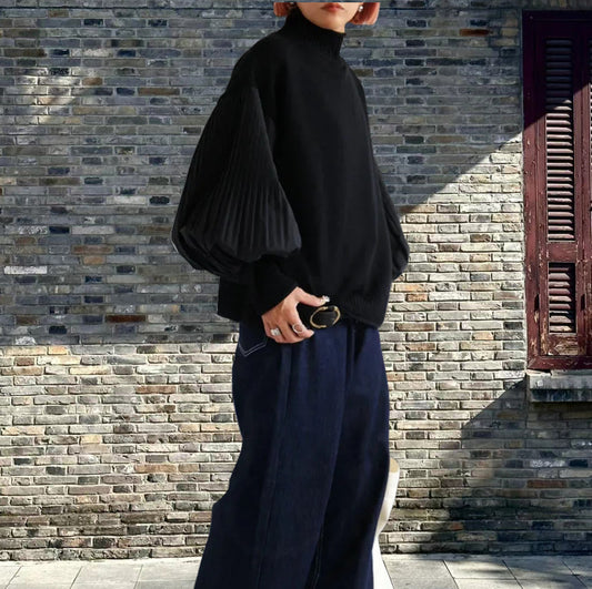 Fashion Casual Turtleneck Folding Sleeve Stitching Puff Sleeve Casual Sweater