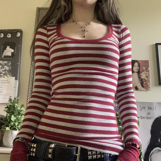 Womens Striped Crew Neck Long Sleeve Top