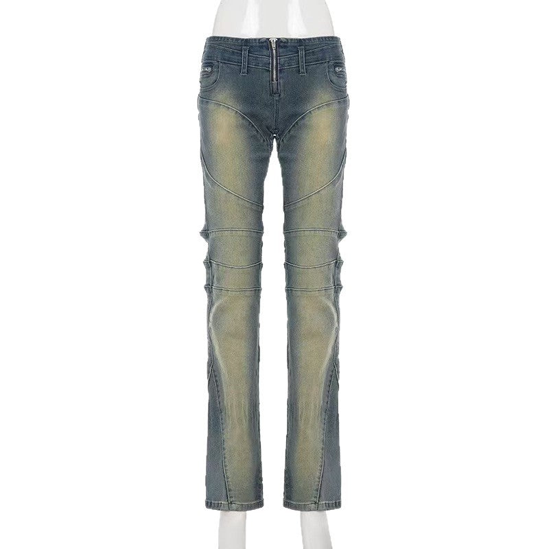 Heavy-duty High-street-style Patchwork Split-design Long Denim Jeans