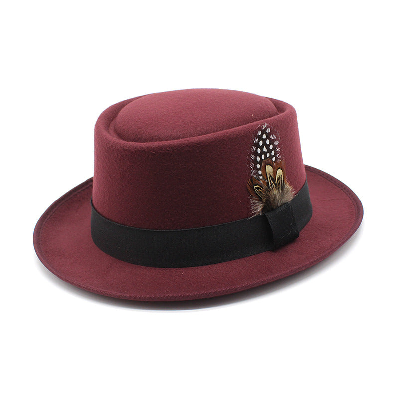 Versatile Jazz Hat Flat Top Woolen Feather French