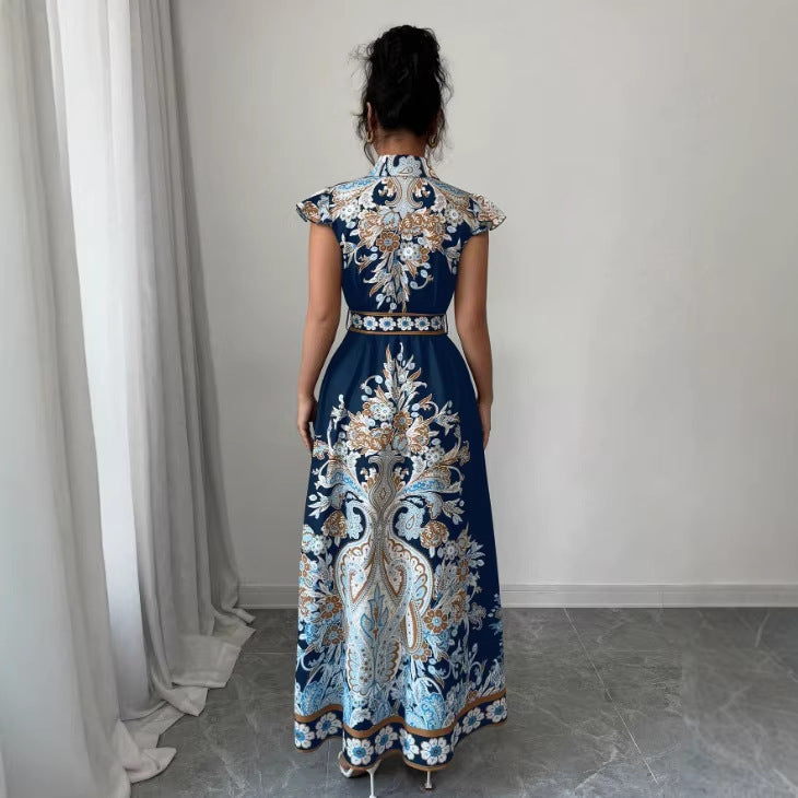 Fitted-waist Notched-collar Long Dress With Cap Sleeves