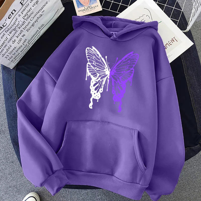 White And Purple Butterfly Pattern Hoodie