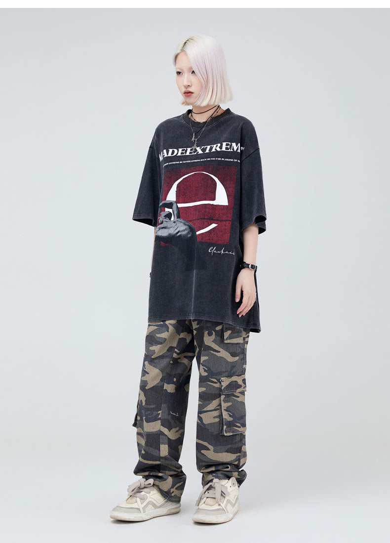 Street Printing Men's Clothing Washed And Worn Loose Casual Short Sleeve