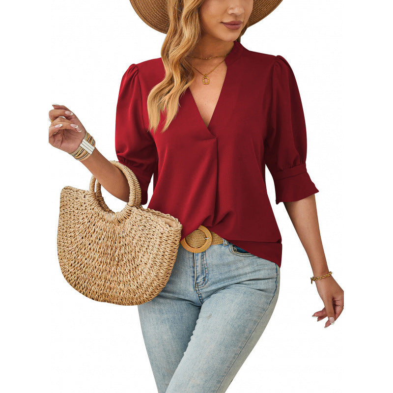 V-neck Mid-sleeve Comfortable Breathable Casual Top
