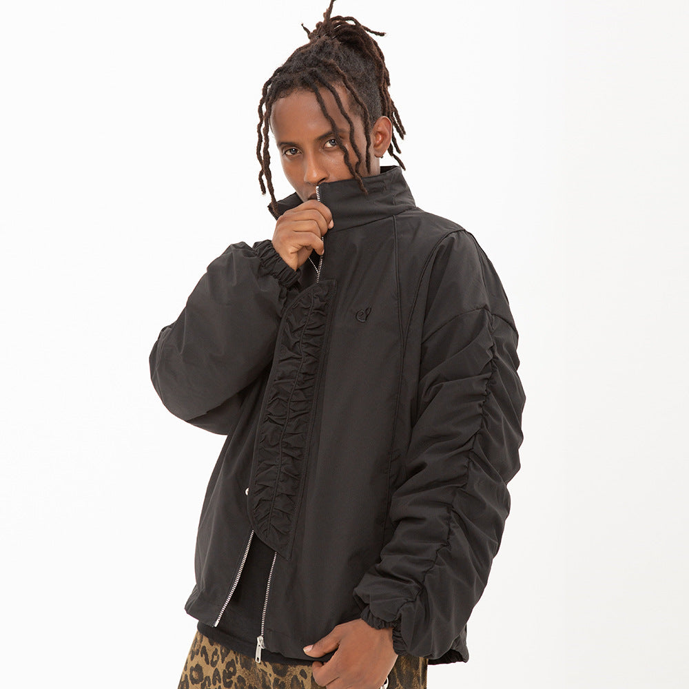 Fashion Brand Stand Collar Men's European And American Fashion Pleated Design Pleated Loose Zipper Cotton-padded Coat
