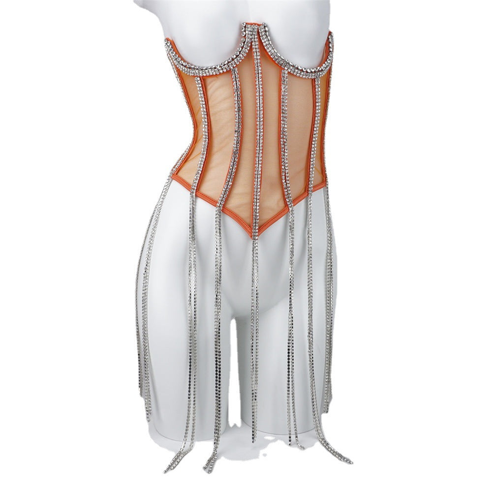 Bright Rhinestone Vest Transparent Lace Bra Hot Girl Women's Outer Wear