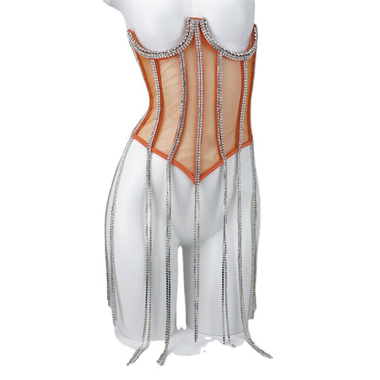 Bright Rhinestone Vest Transparent Lace Bra Hot Girl Women's Outer Wear