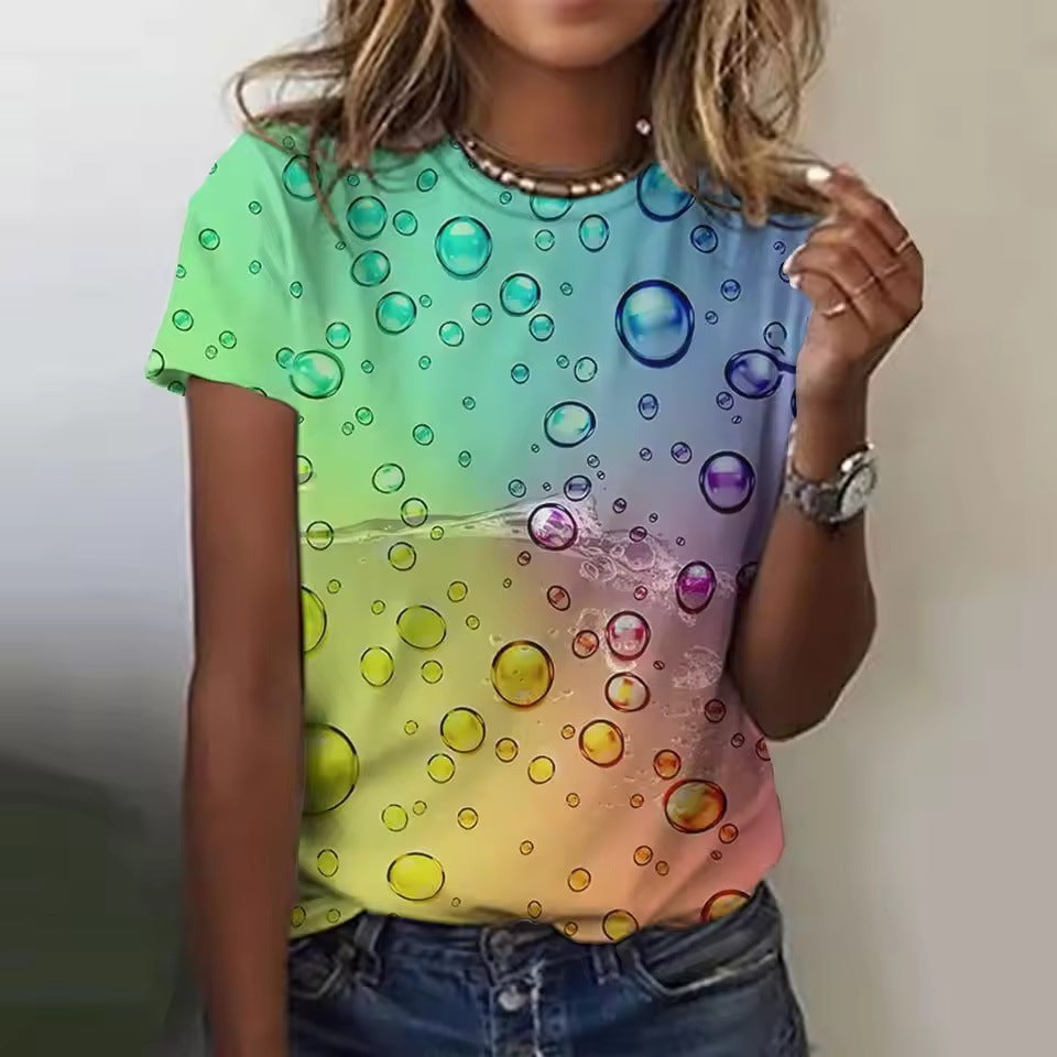Women's Casual Short-sleeved Round Neck Colorful Water Drop 3D Printed T-shirt