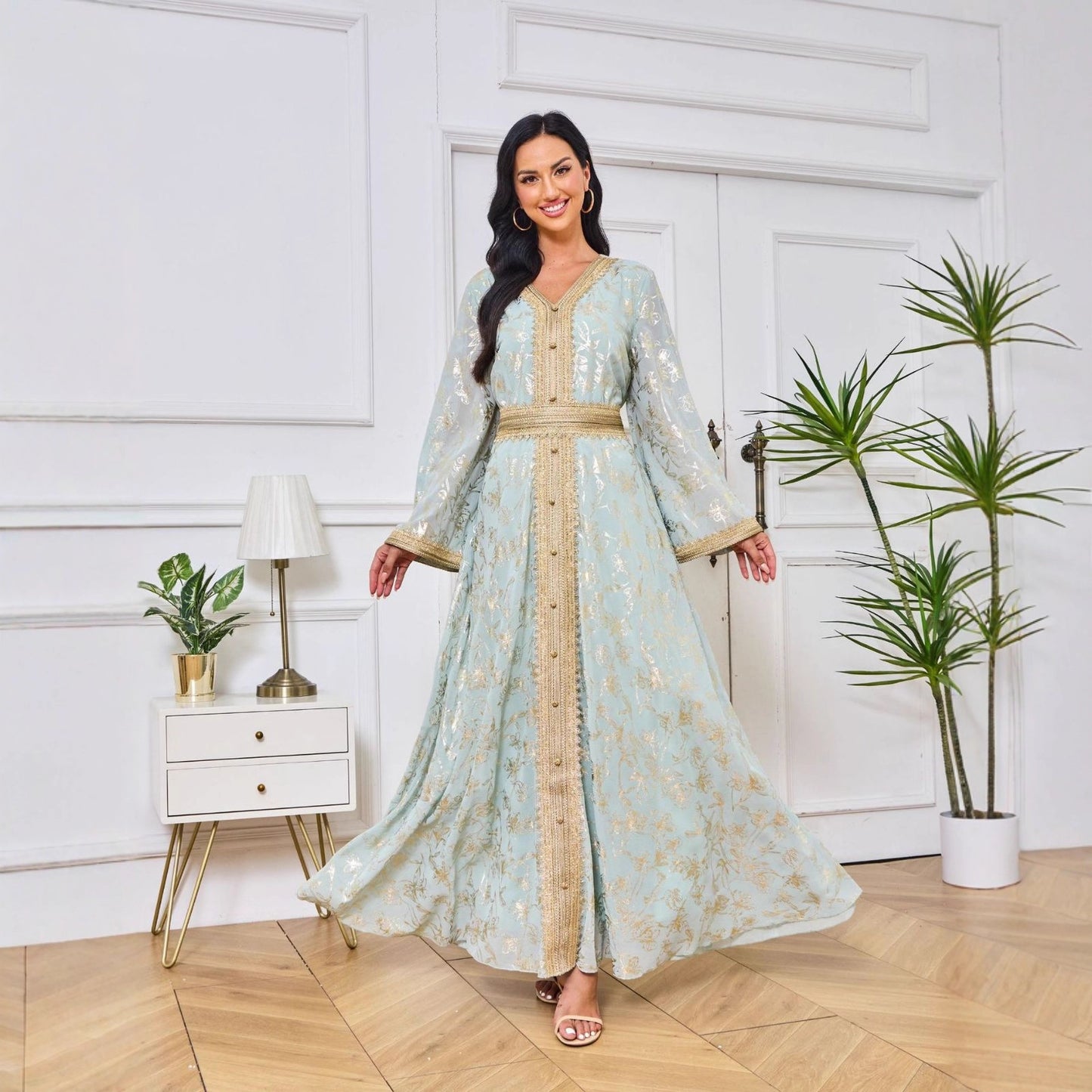 Scratch-printed Gold-stamped Fashionable Ethnic-style Dress