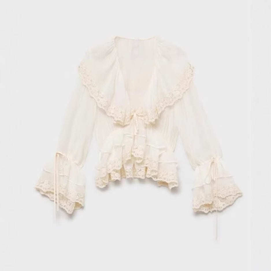 Sweet Beauty Summer Ruffles Lace Stitching Large Lapel Short Waist