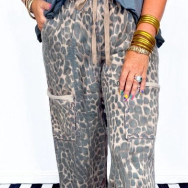 Khaki Plus Size Leopard Print Worn Patch Pocket Drawstring Loose Pants