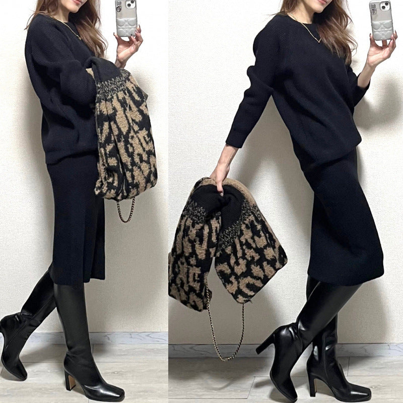 White Collar Thickness Knitted Two-piece Thermal Base Bandage Dress Suit