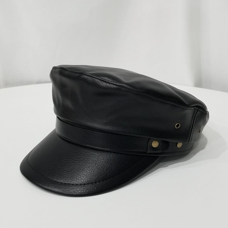 Women's Autumn And Winter Flat Top Leather Peaked Octagonal Hat