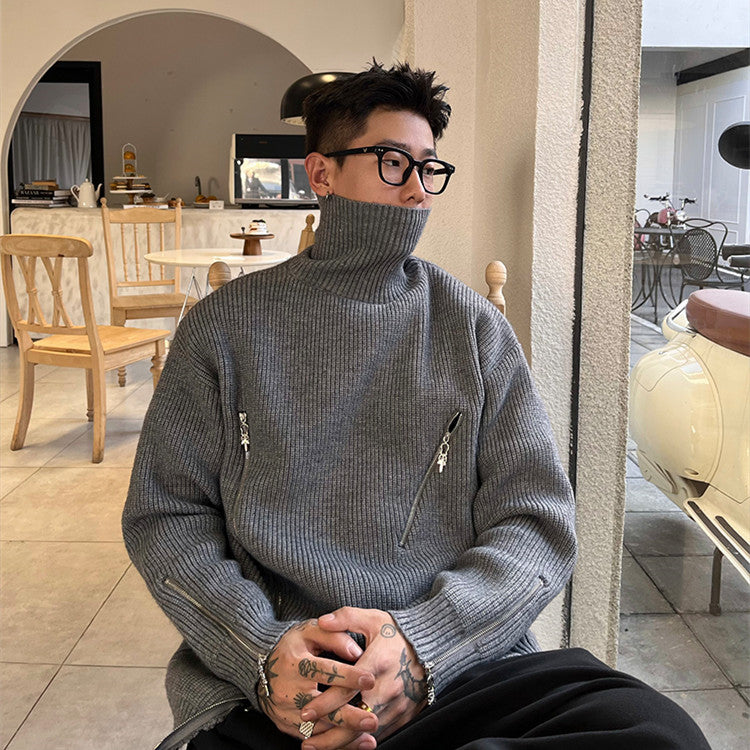 Mænds Vinter Ensfarvet Revers Højhalset Sweater