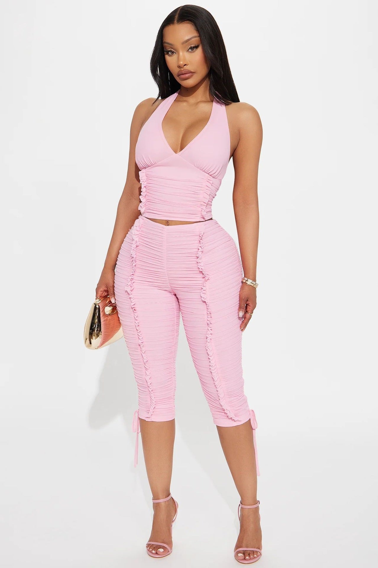 Womens Backless Tank Top And Cropped Pants Set