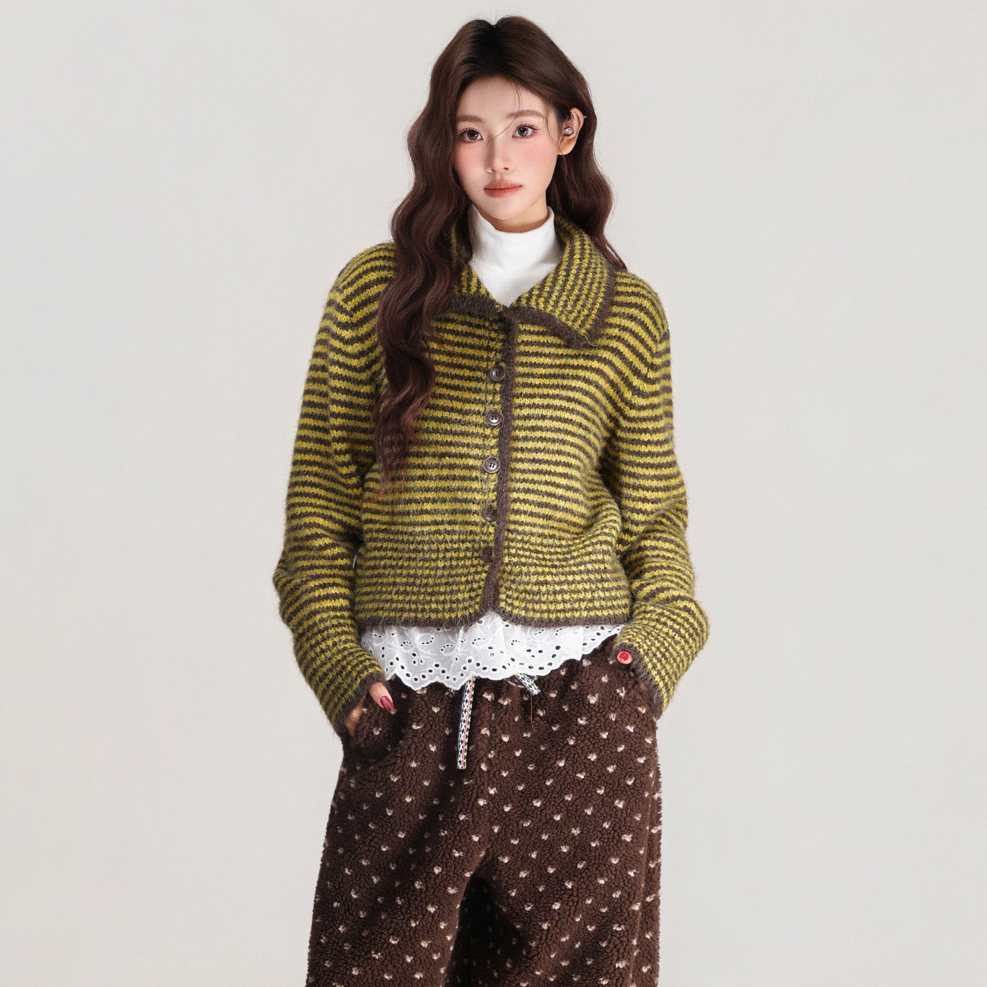 Polo Collar Striped Single-breasted Knitted Sweater Long Sleeve
