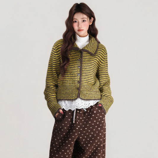 Polo Collar Striped Single-breasted Knitted Sweater Long Sleeve