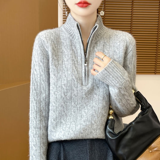 Women's Woolen Sweater Half Zipped Stand Collar Sweater