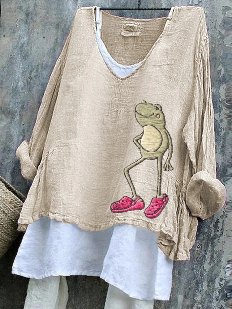 Womens Loose Casual Long-Sleeve 3D-Printed Pullover T-Shirt