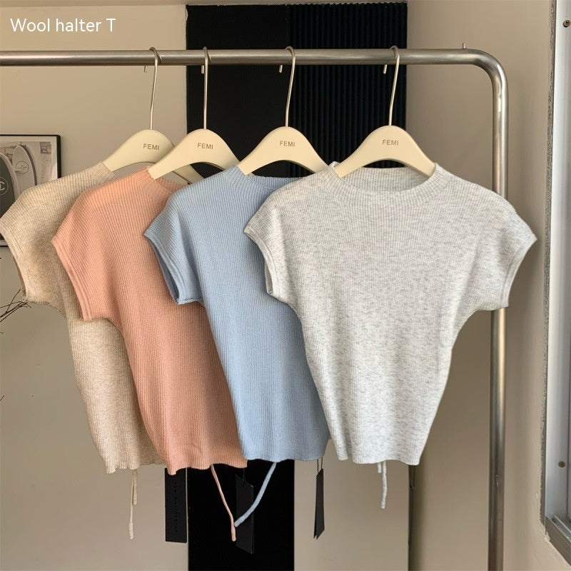 Back Strap Knitted Short-sleeved T-shirt Women's Slim-fit Short Knitted Top